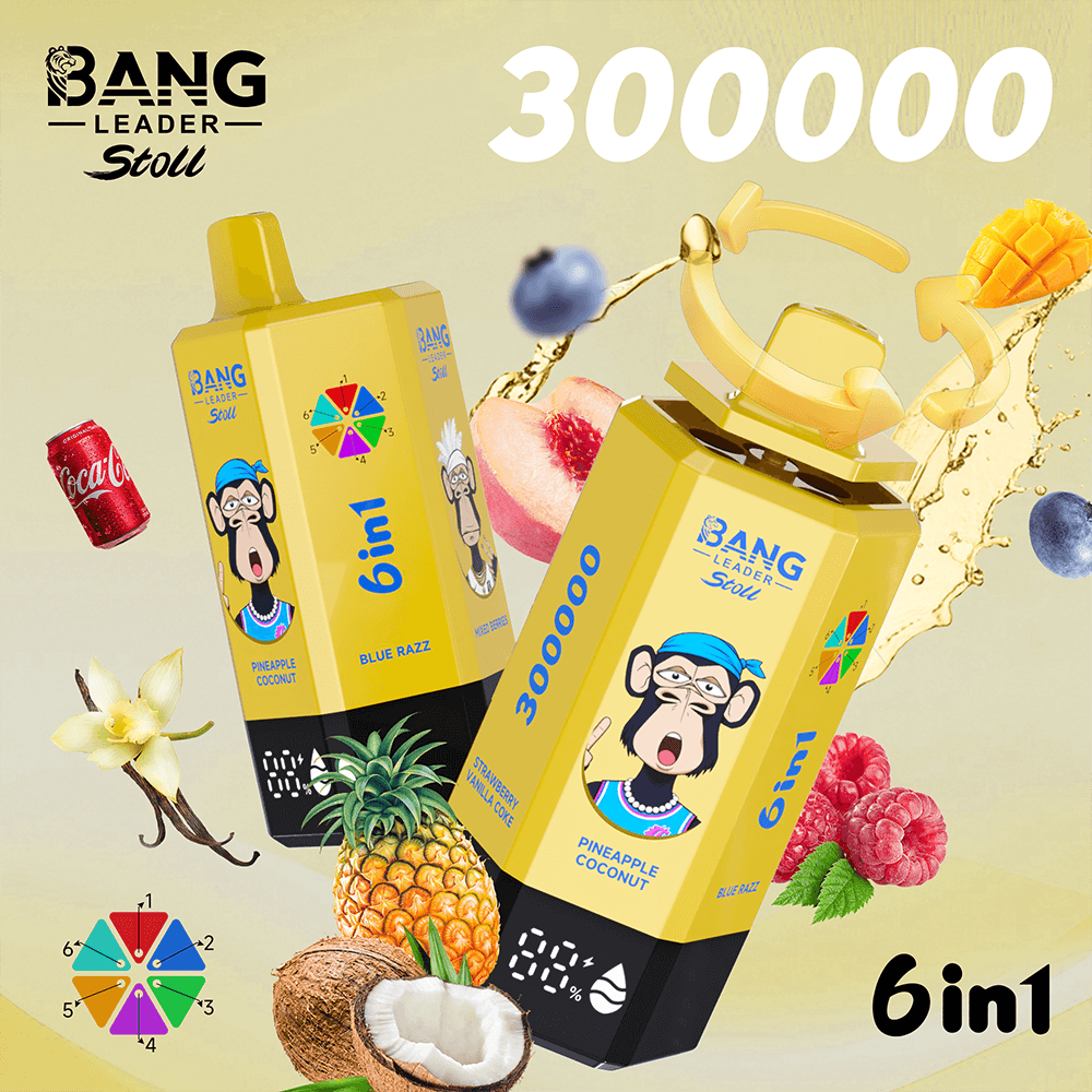 Two yellow Bang Leader Stoll 6in1 juice cartons with a monkey mascot, surrounded by fruit and splash graphics.