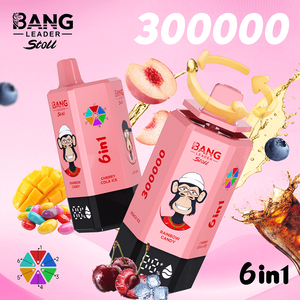 Two pink 6in1 Bang Leader Stoll drink cartons with a monkey mascot, Rainbow Candy flavor, on a pink fruit-splashed background.