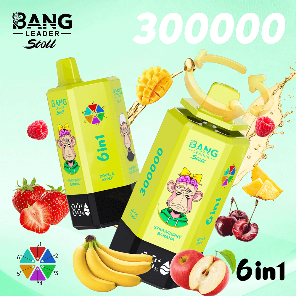 Two limegreen 6in1 juice cartons with a monkey mascot, feature strawberry-banana and double-apple flavors, amid fruits.
