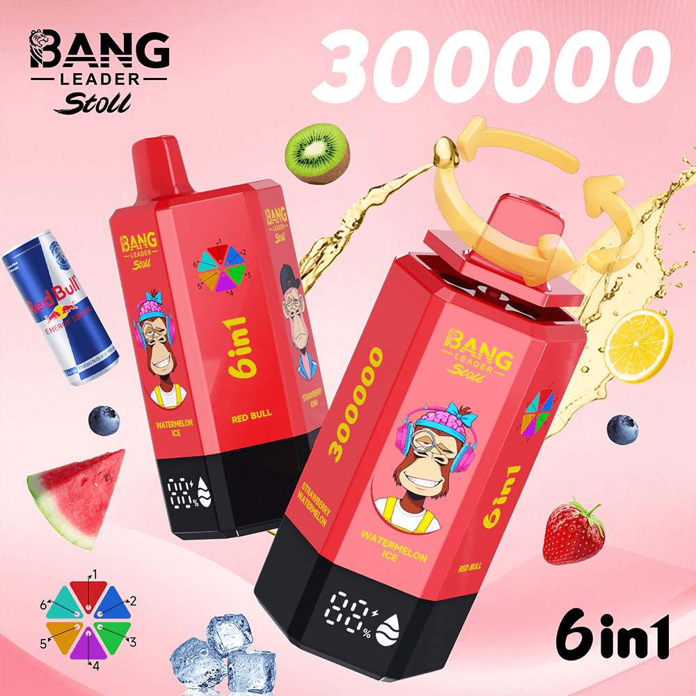 Vibrant pink ad with three red Bang 6in1 juice cartons featuring a cartoon monkey in headphones, surrounded by fruit and ice.