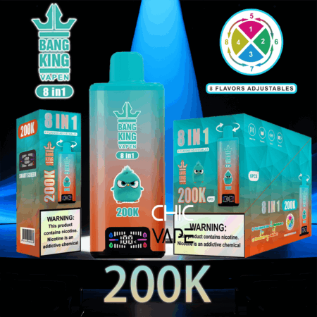 Kit de vapeo Bang King Vapen 8 en 1 en exhibición con botella turquesa, juegos en caja y un logotipo de esfera de sabor redondo.
