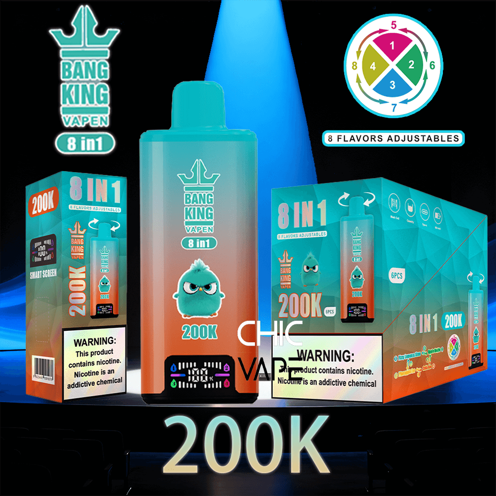 Bang King Vapen 8 in 1 vape kit on display with turquoise bottle, boxed sets, and a round flavor dial logo.