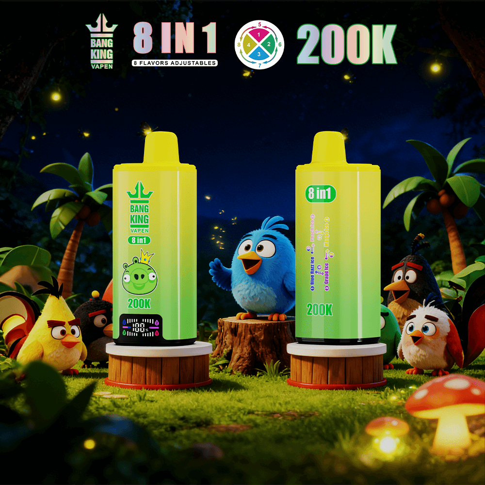 Two yellow 8-in-1 vape bottles labeled 200K stand on wooden pedestals in a nighttime forest with cartoon birds nearby.