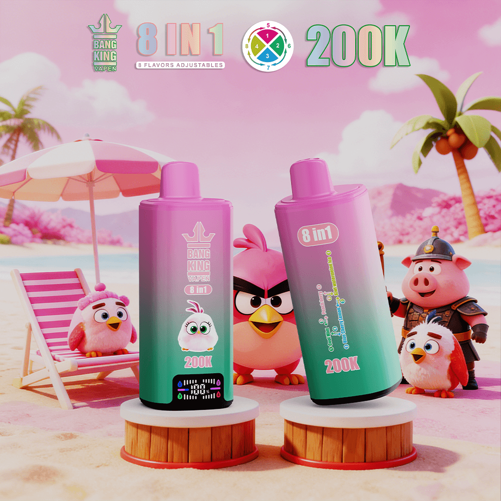 Two gradient pink-to-teal vape bottles labeled 8 in 1 and 200K stand on white pedestals on a pink beach, surrounded by Angry Birds characters and palm trees.