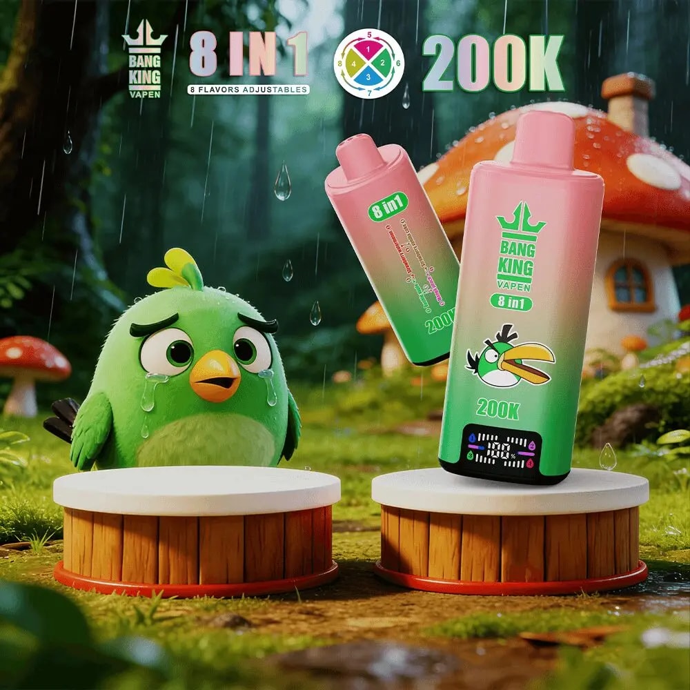 Green cartoon bird with teary eyes stands beside two gradient pink-to-green 8-in-1 vape bottles labeled 200K in a forest setting.
