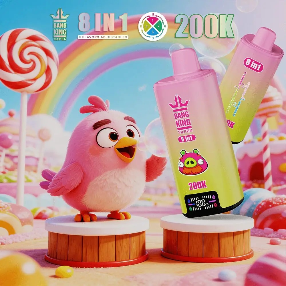 Pink fluffy chick on a white circular pedestal beside two gradient pink-to-green bottles labeled 8 in 1 and 200K, with a candy rainbow backdrop.