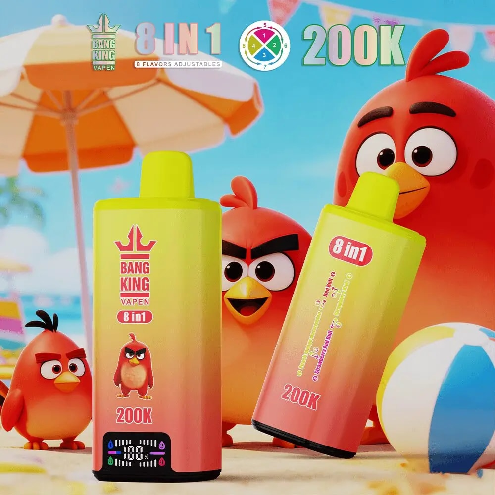 Two gradient yellow vape bottles labeled Bang King Vapen 8 in 1 200K on a sunny beach with Angry Birds characters nearby.