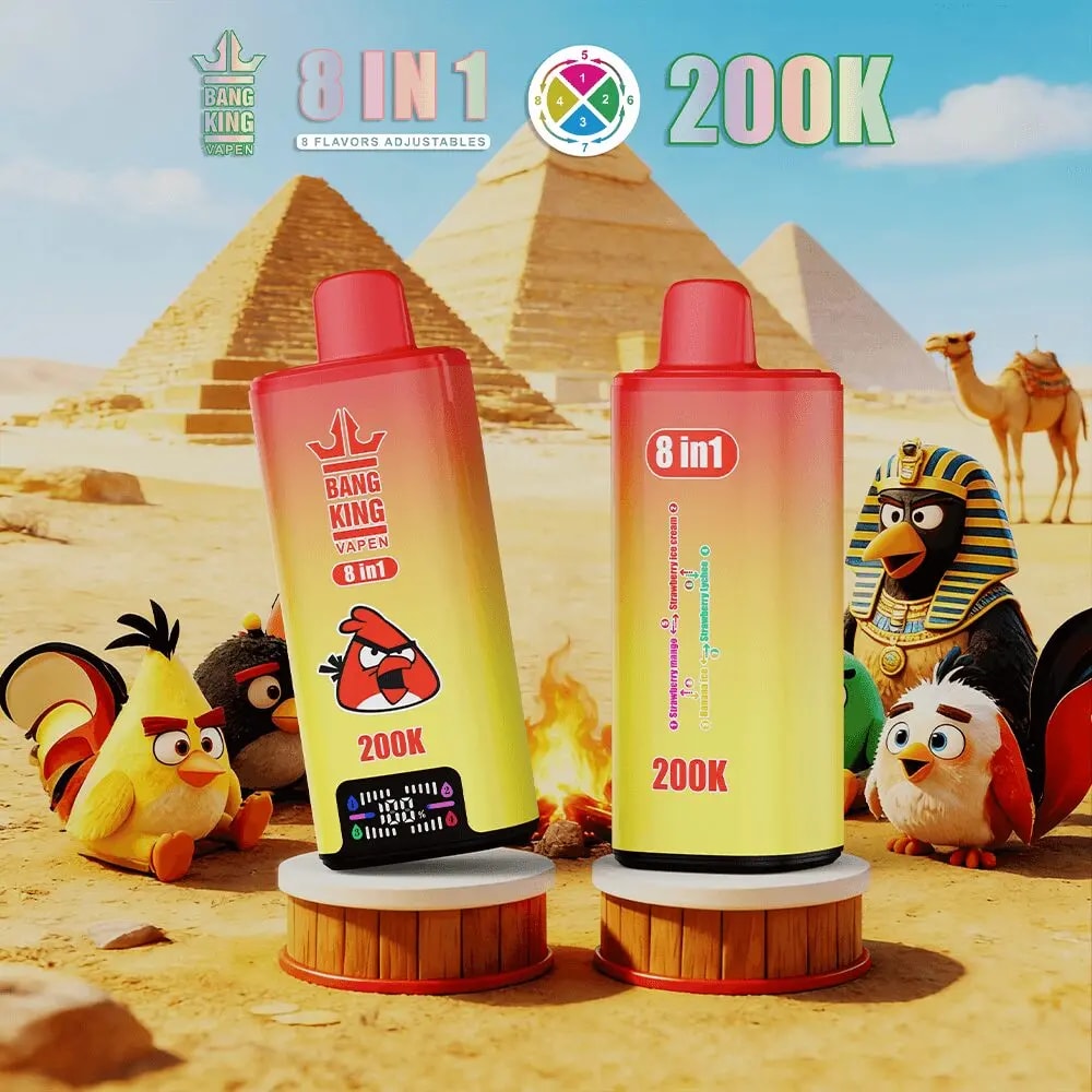 Two large red-yellow Bang King Vape bottles labeled 8 in 1 sit on pedestals in a desert with pyramids and cartoon birds.