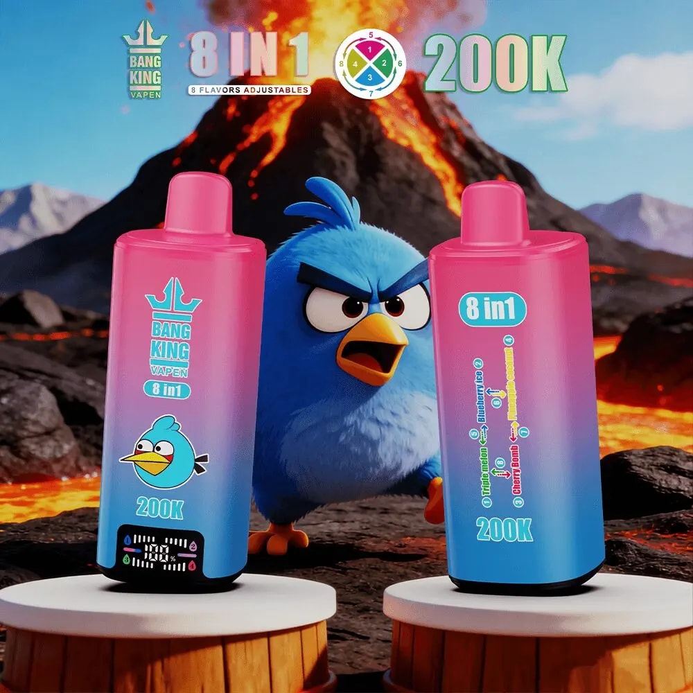 Two pink gradient vape pens labeled 8 in 1 and 200K stand on wooden pedestals, with a blue bird against lava.
