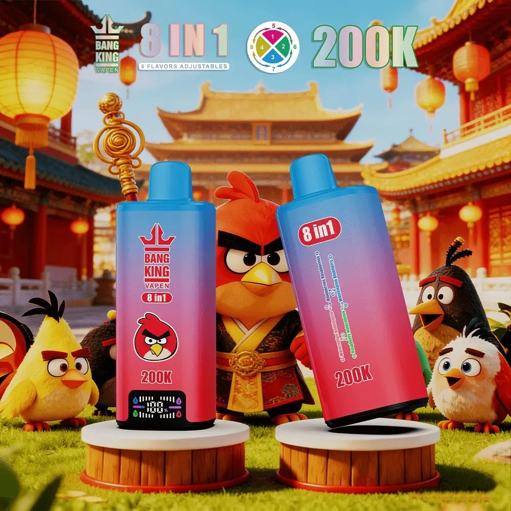 Two gradient blue-pink Bang King vape bottles labeled 8 in 1 200K stand on pedestals among Angry Birds in a temple courtyard.