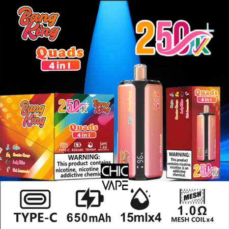 Pantalla del kit de vapeo Bang King Quads 4 en 1 con dispositivos rosados ​​y marca CHIC VAPE; Tipo-C, 650 mAh, 15 ml × 4, bobinas 1.0Ω.