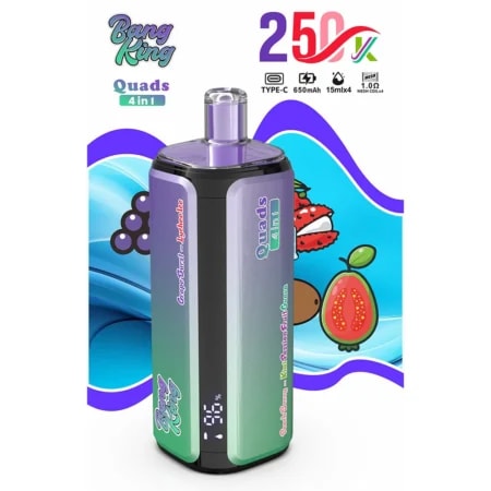 Mod de vapeo Bang King Quads 4 en 1 con un cuerpo degradado de color verde púrpura y una boquilla morada, que se muestra con cuatro cápsulas.