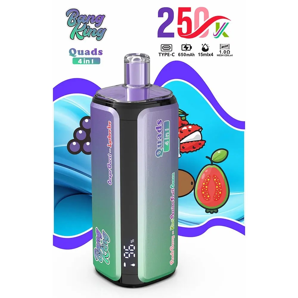 Bang King Quads 4in1 vape mod with a purple-green gradient body and purple mouthpiece, shown with four pods.