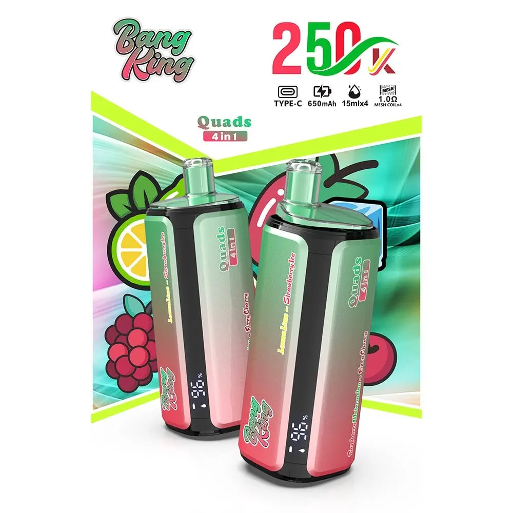 Two Bang King Quads 4-in-1 vape devices with gradient green to pink bodies and clear mouthpieces.