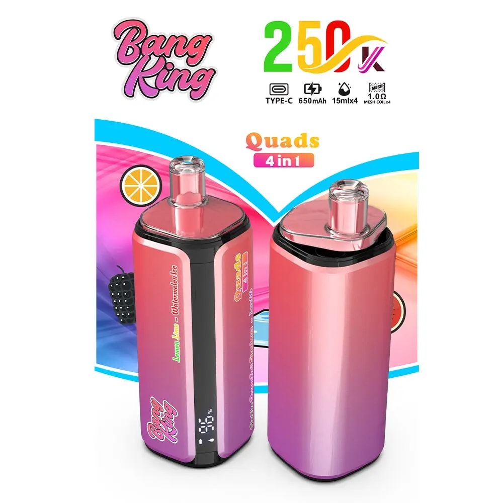Two pink-purple gradient vape pens with clear mouthpieces in front of bright packaging reading Quads 4 in 1 and Bang Ring.