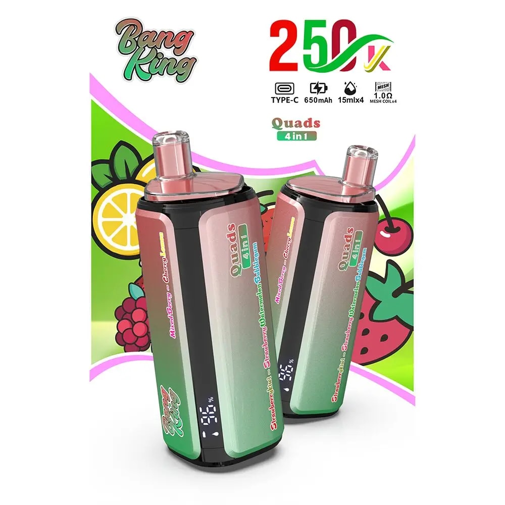 Three gradient green-to-pink vape devices with pink mouthpieces labeled Quads 4 in 1, set against a fruit-themed background.