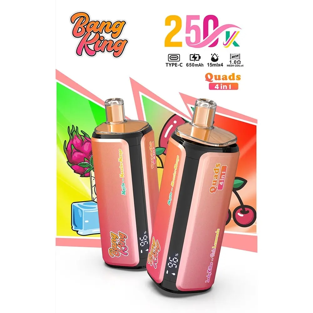 Bang King Quads 4-in-1 vape pods in pink and peach with digital displays, shown against a colorful graphic background.
