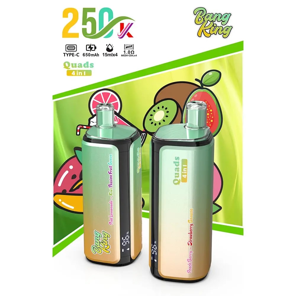 Two Bang King Quads 4-in-1 vape devices with gradient green-to-peach bodies in front of a lime-green fruit-themed package