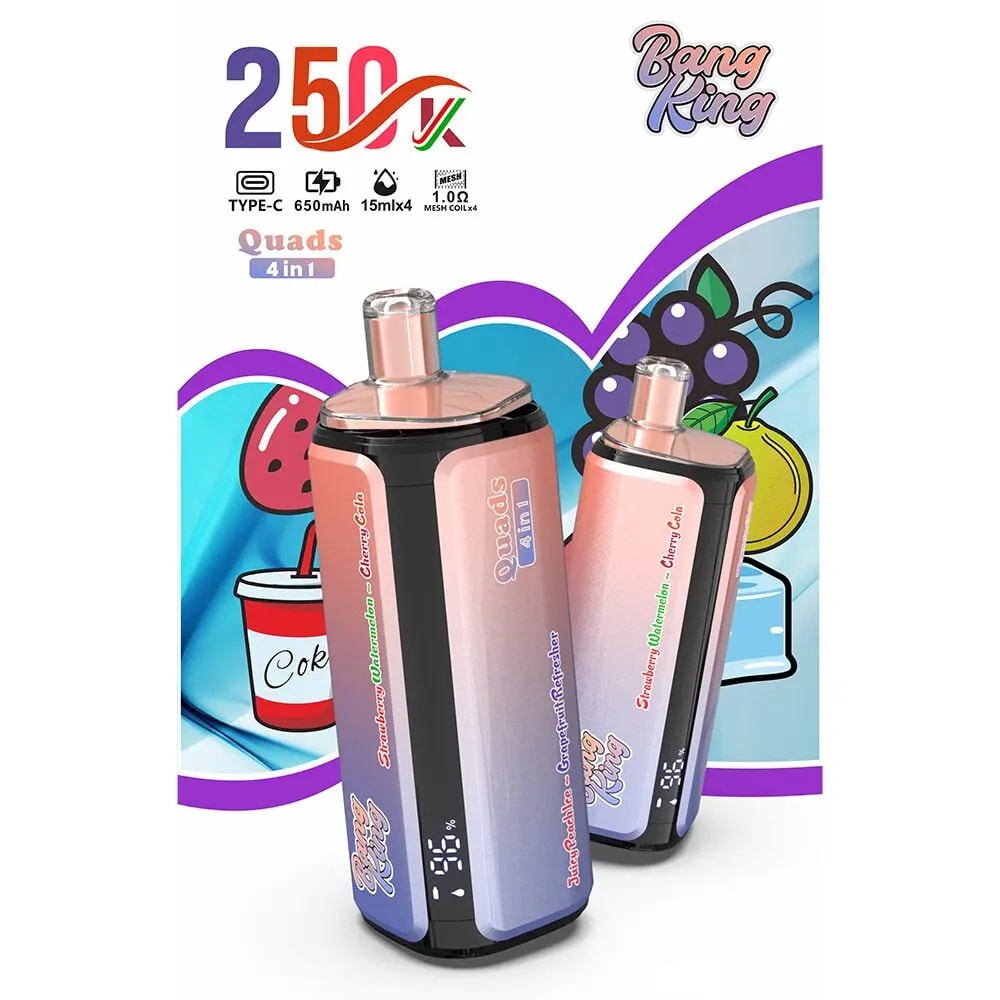 Two gradient pink-to-purple vape devices in front of a fruit-themed package with Bang King logo.