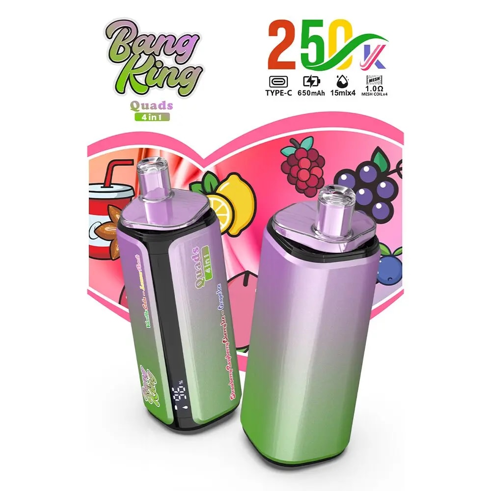 Two gradient purple-to-green vape mods with top-mounted tanks, Bang King Quads 4 in 1, set against a fruit-themed backdrop.