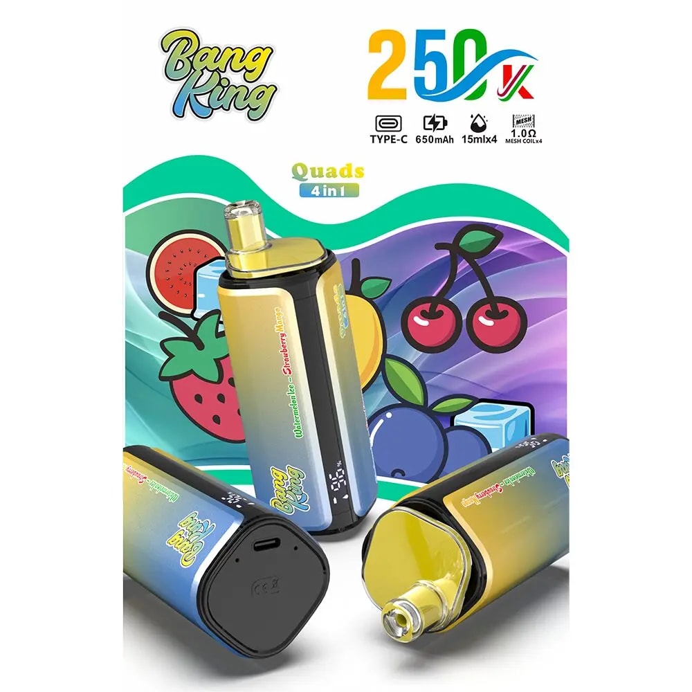 Bang King Quads 4 in 1 vape kit packaging with four gradient vape pods and fruity artwork.