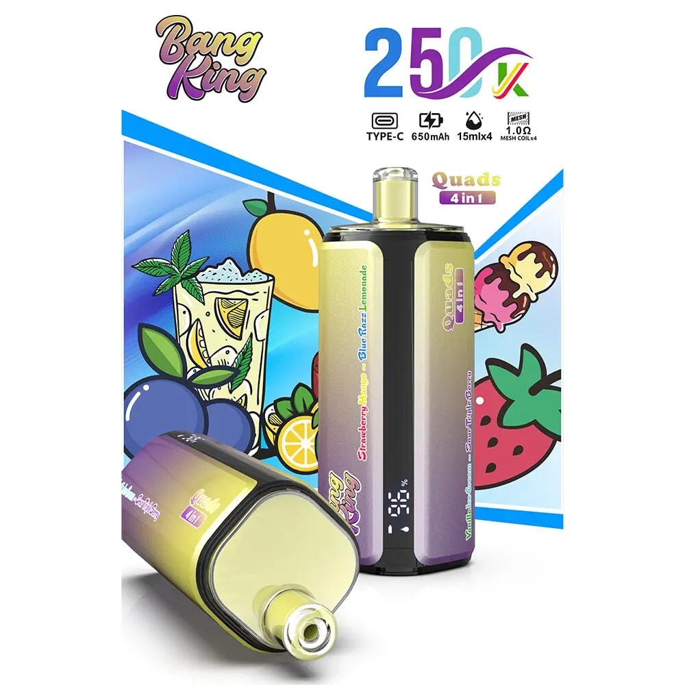 Bang King quad-coil vape kit with a gradient purple-gold box mod and clear tank, plus a spare tank, set against fruit artwork.