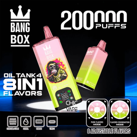 Bang Box vape promo with two pink-to-green gradient devices, 2000 puffs, 4 in 1 flavors and 8 adjustable flavors.