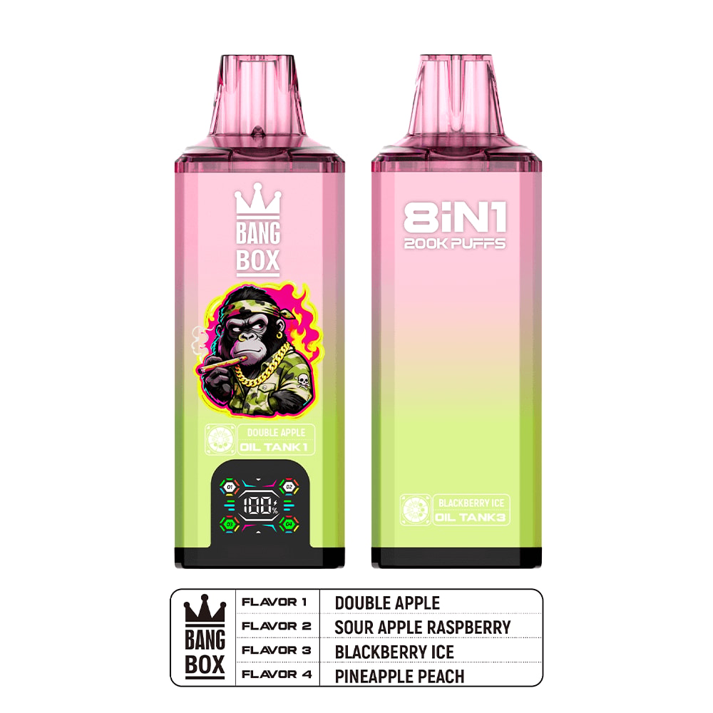 Two Bang Box disposable vape devices with pink caps and a pink-to-green gradient body; the left features a gorilla sticker and Double Apple label, while the right shows 8IN1 200K Puffs.