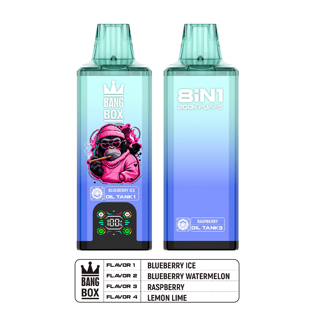 Two Bang Box vape pens in turquoise gradient; left with a pink cartoon monkey and Blueberry Ice label, right with 8IN1 Puffs.