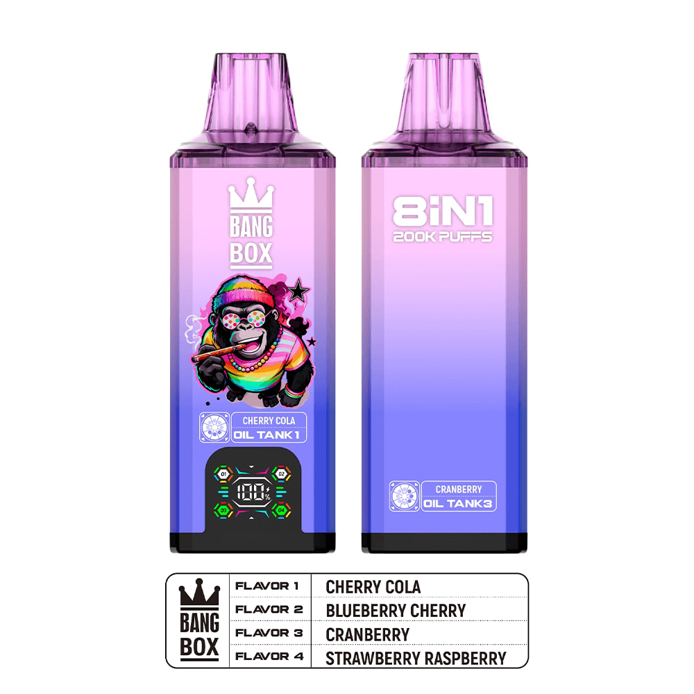 Two purple gradient Bang Box vape devices; left features a rainbow monkey art with Cherry Cola flavor, right shows 8IN1 200K Puffs.