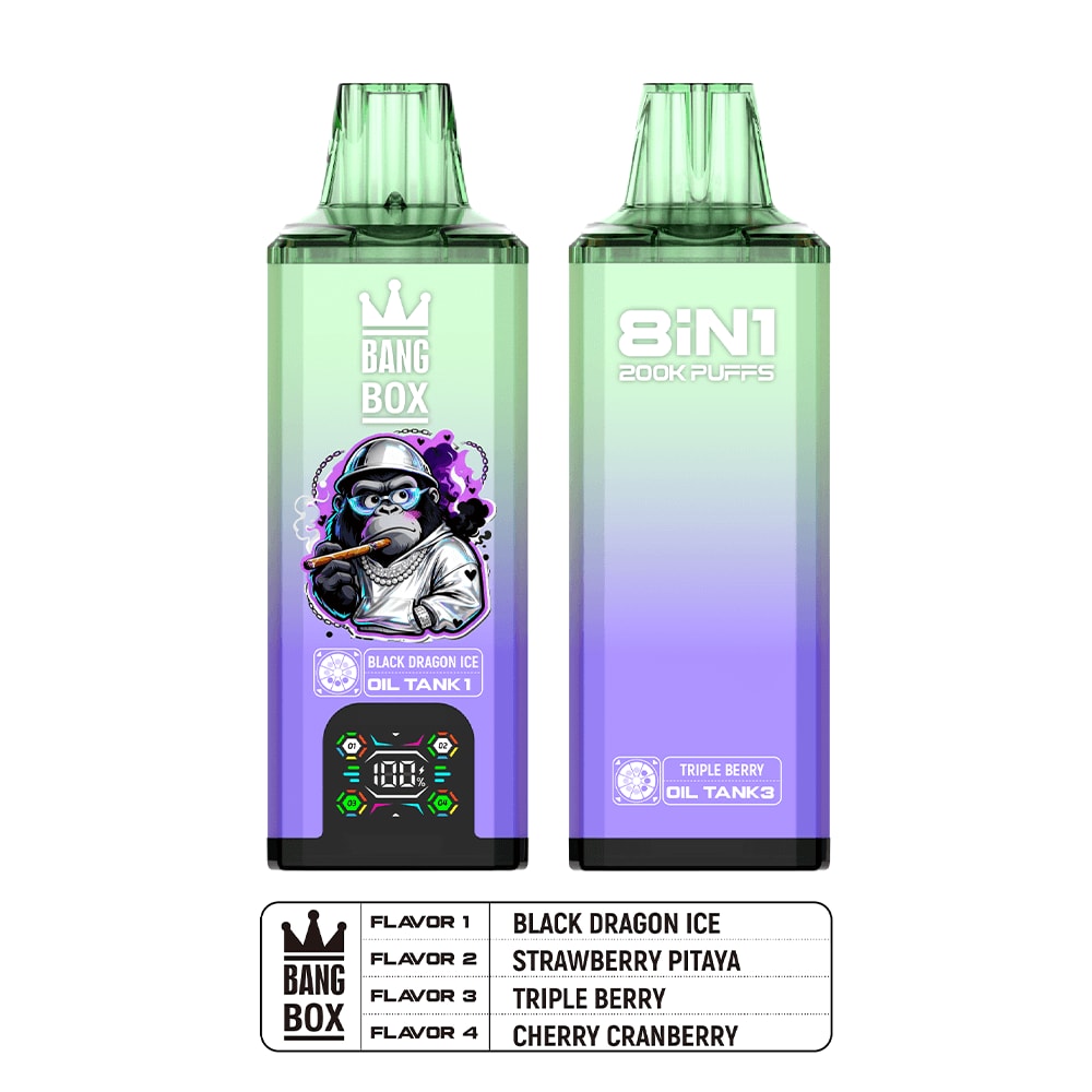Two gradient green-to-purple vape pods with Bang Box art and 8IN1 200K Puffs; flavor list shown at bottom.