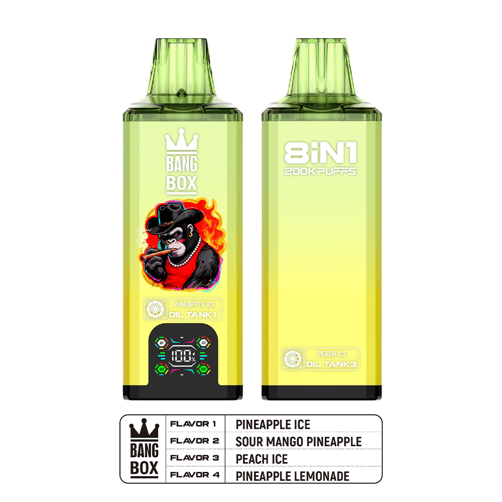 Two lime-green Bang Box vapes side by side; left shows a smoking gorilla, right reads 8IN1 200K PUFFS.