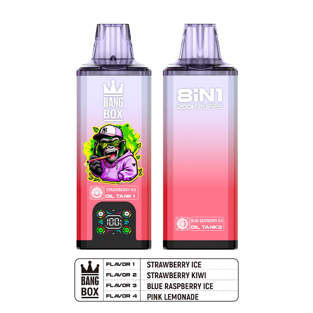 Two gradient pink-to-purple Bang Box vape devices; left features a cartoon character and Strawberry Ice oil tank 1, right shows 8IN1 200K PUFFS.