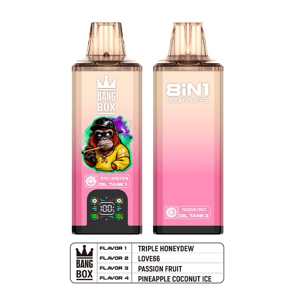Two pink gradient vape pods; left features Bang Box artwork and logo, right reads 8IN1 200K PUFFS, flavors: Triple Honeydew, Love66, Passion Fruit, Pineapple Coconut Ice.