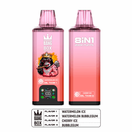 Two pink gradient vapes; left shows Bang Box crown and smoking gorilla with Watermelon Ice; right shows 8IN1 and Cherry Ice.
