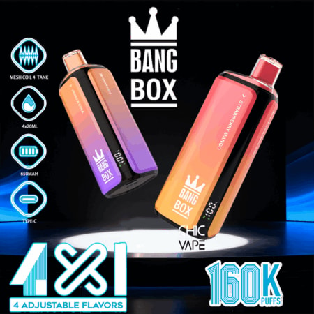 Bang Box vape kit featuring two gradient cylindrical devices on a black background with crown logo and 4 adjustable flavors
