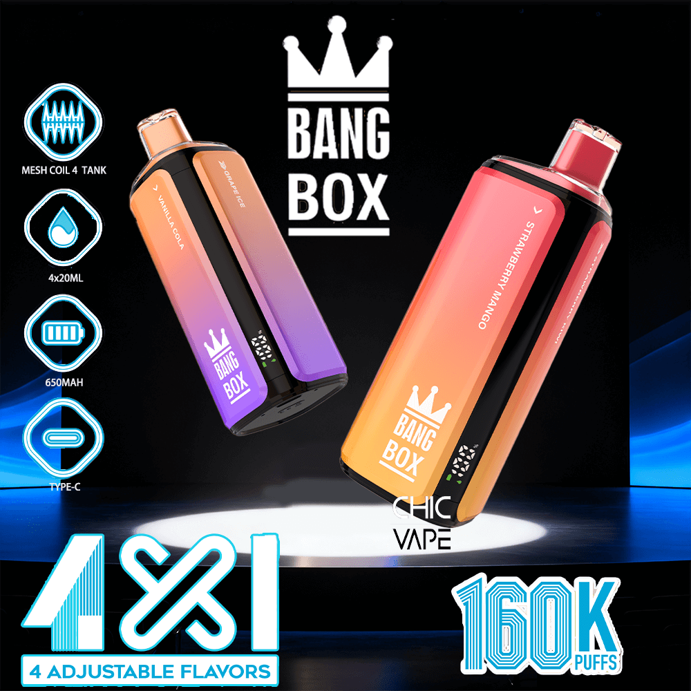 Bang Box vape kit featuring two gradient cylindrical devices on a black background with crown logo and 4 adjustable flavors