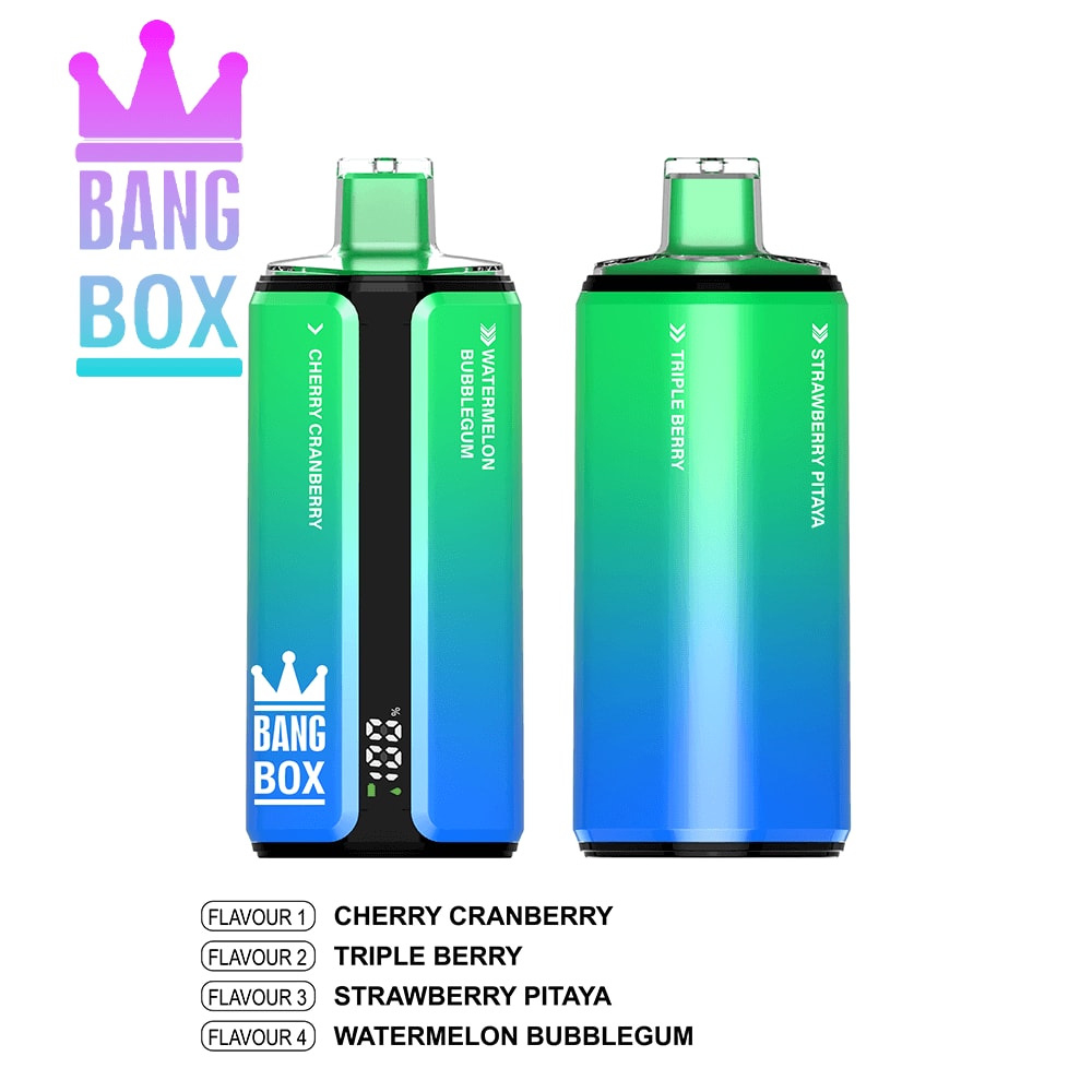 Two gradient green-to-blue Bang Box vape pods; flavors listed: Cherry Cranberry, Triple Berry, Strawberry Pitaya, Watermelon Bubblegum.