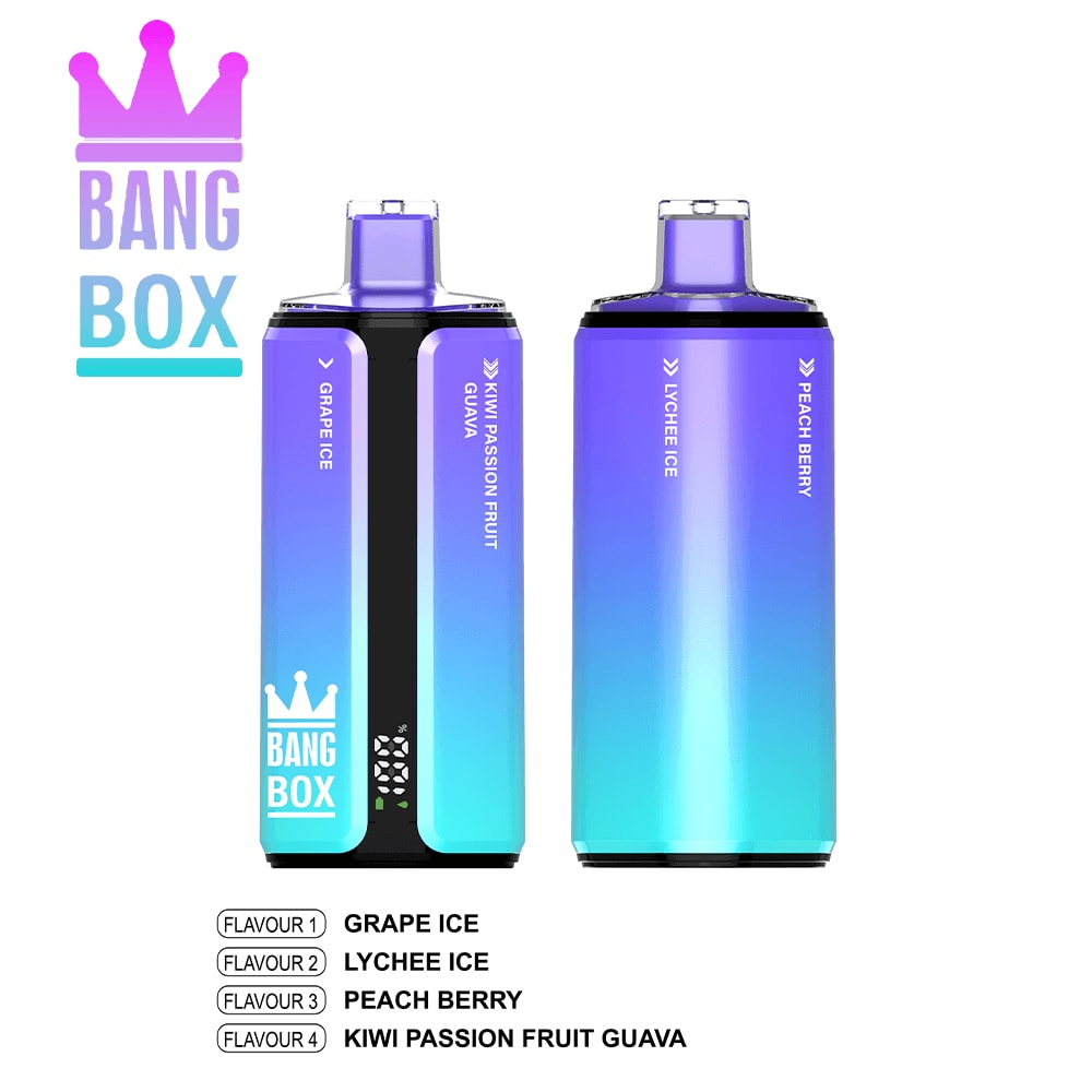 Two gradient Bang Box disposables; left: Grape Ice and Kiwi Passion Fruit Guava; right: Lychee Ice and Peach Berry.