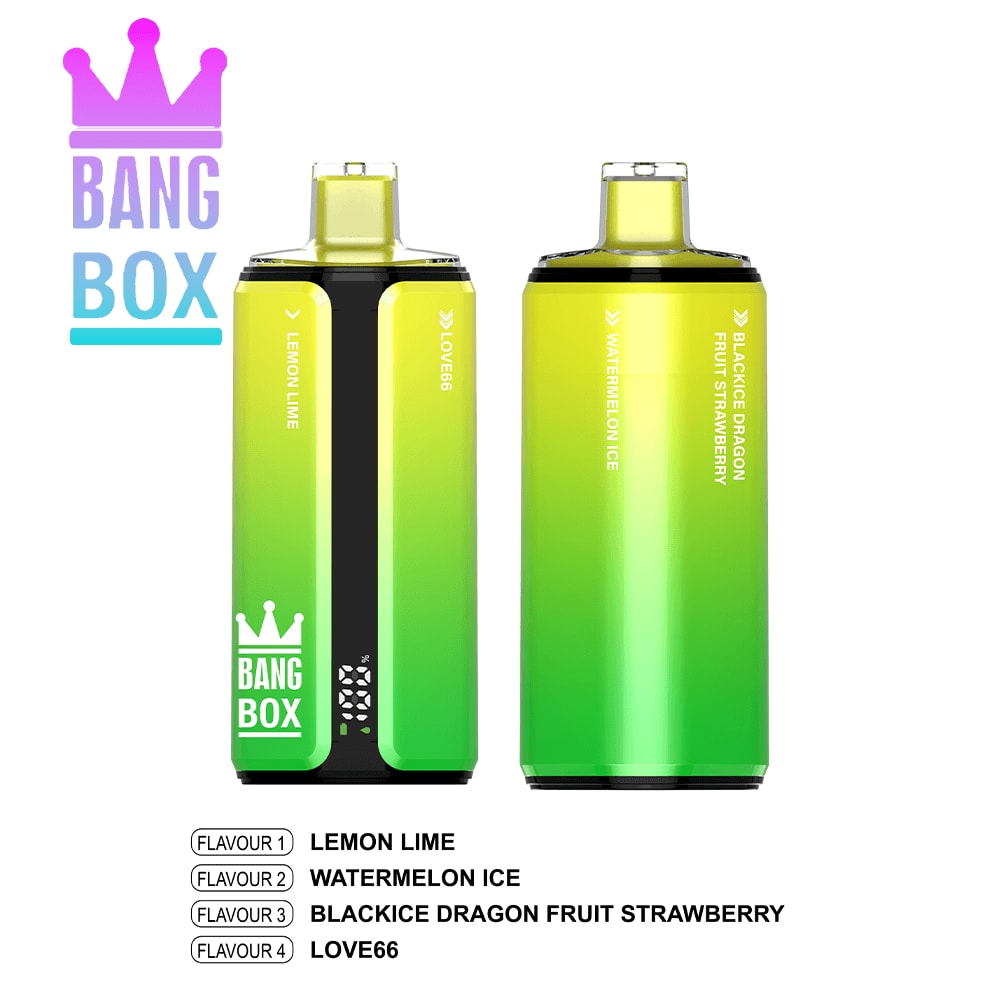 Two gradient green Bang Box vape devices; flavors Lemon Lime, Watermelon Ice, Blackice Dragon Fruit Strawberry, Love66.