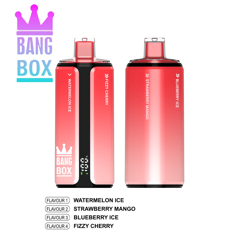 Two pink Bang Box vape devices with gradient finishes; flavor options shown include Watermelon Ice and Fizzy Cherry.
