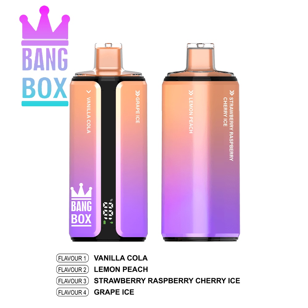 Two gradient Bang Box vape devices with a flavor list: Vanilla Cola, Lemon Peach, Strawberry Raspberry Cherry Ice, Grape Ice