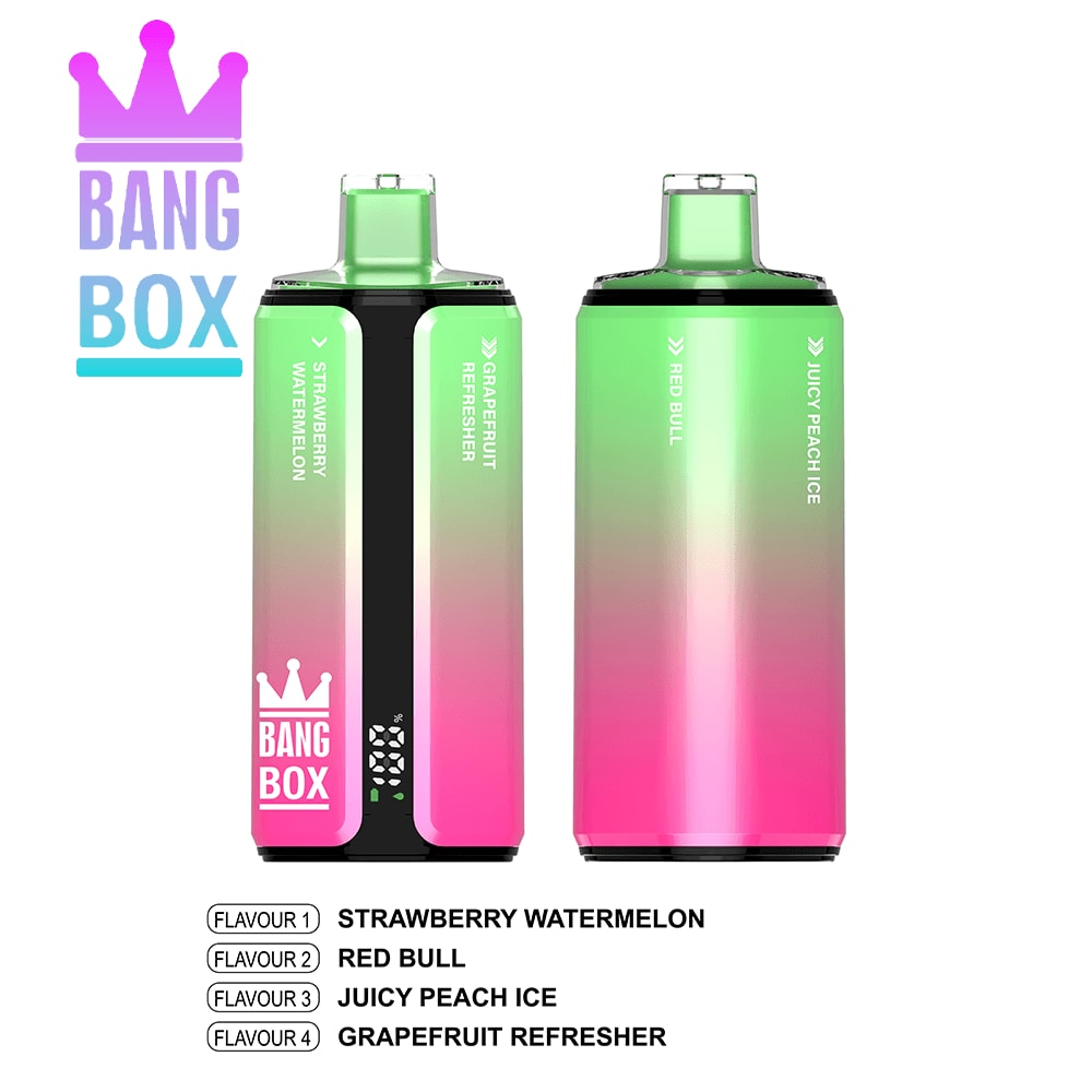 Bang Box gradient pink-to-green vape devices with Strawberry Watermelon, Red Bull, Juicy Peach Ice, Grapefruit Refresher.