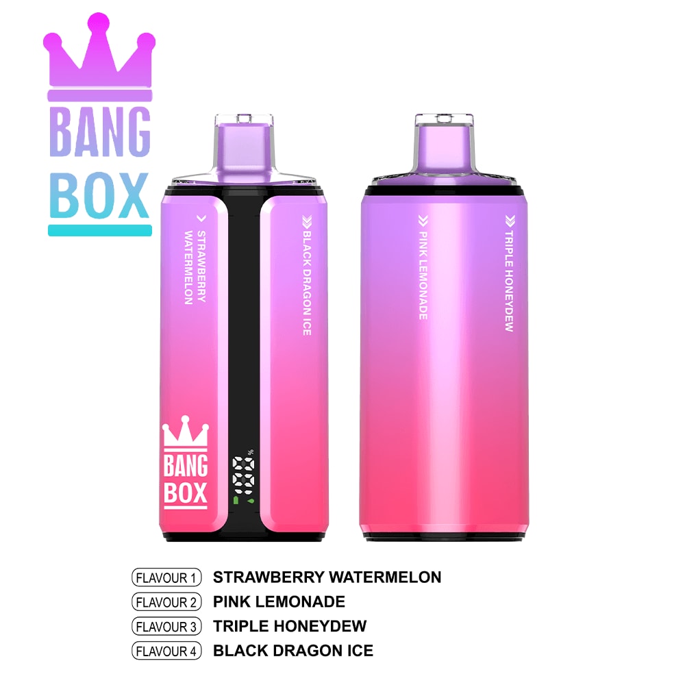 Bang Box vape devices in pink gradient with flavor options: Strawberry Watermelon, Pink Lemonade, Triple Honeydew, Black Dragon Ice