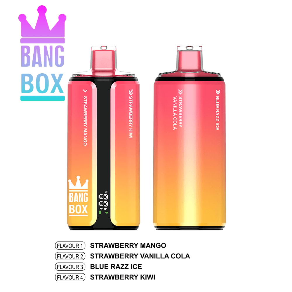 Two Bang Box gradient pink-to-yellow disposable vape devices, left one with a digital display; crown logo on the left.