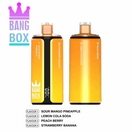 Two yellow Bang Box vape devices with orange mouthpieces and flavor labels.