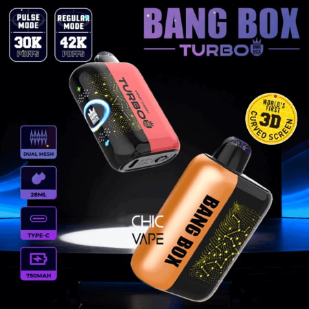 Bang Box Turbo vape in pink and copper with neon circuit design; badges show 30K/42K puffs, dual mesh, 28ml, Type-C, 750mAh