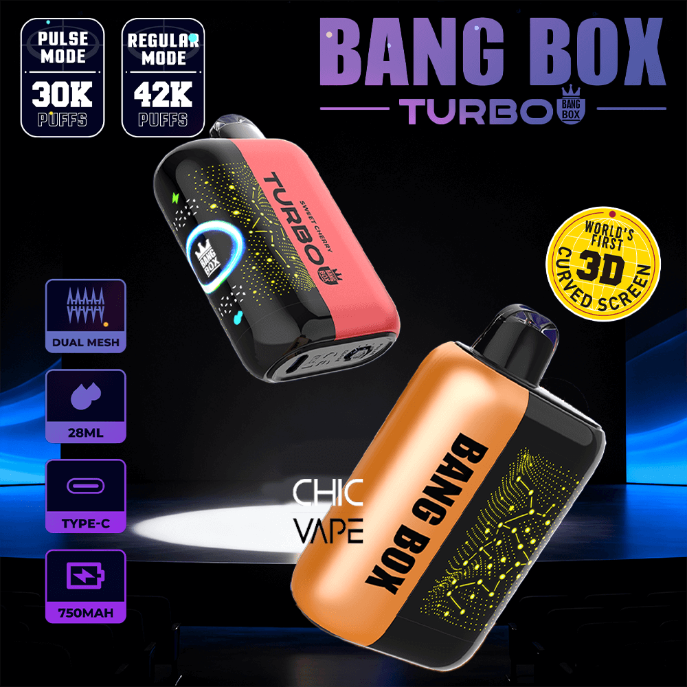 Bang Box Turbo vape in pink and copper with neon circuit design; badges show 30K/42K puffs, dual mesh, 28ml, Type-C, 750mAh