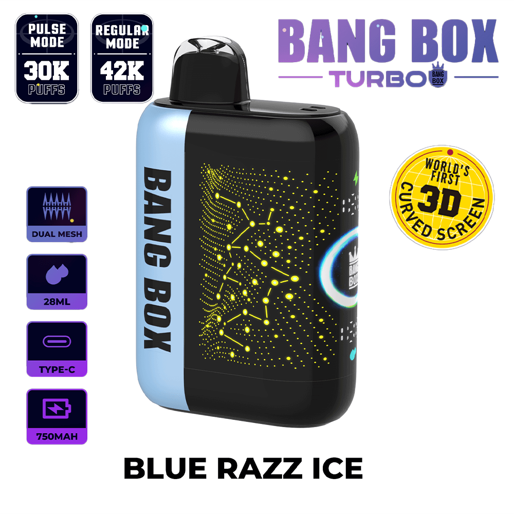 Bang Box Turbo disposable vape in blue and black with a neon circuit pattern and Blue Razz Ice flavor.
