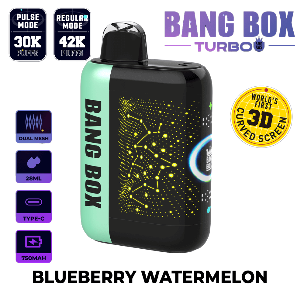 Bang Box Turbo disposable vape in black with mint green side, Blueberry Watermelon flavor, dual mesh coil, 3D curved screen.
